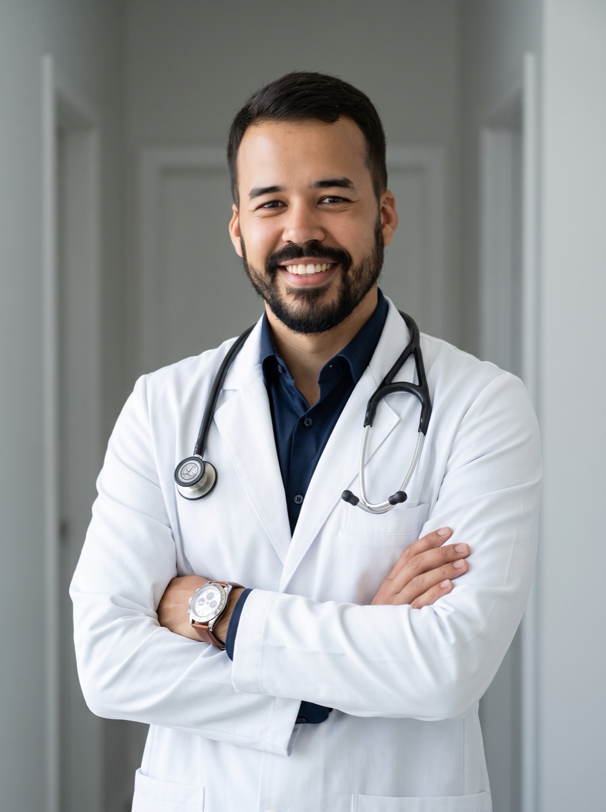 Dr. Héktor Oliveira sorrindo, de jaleco e estetoscópio, com os braços cruzados